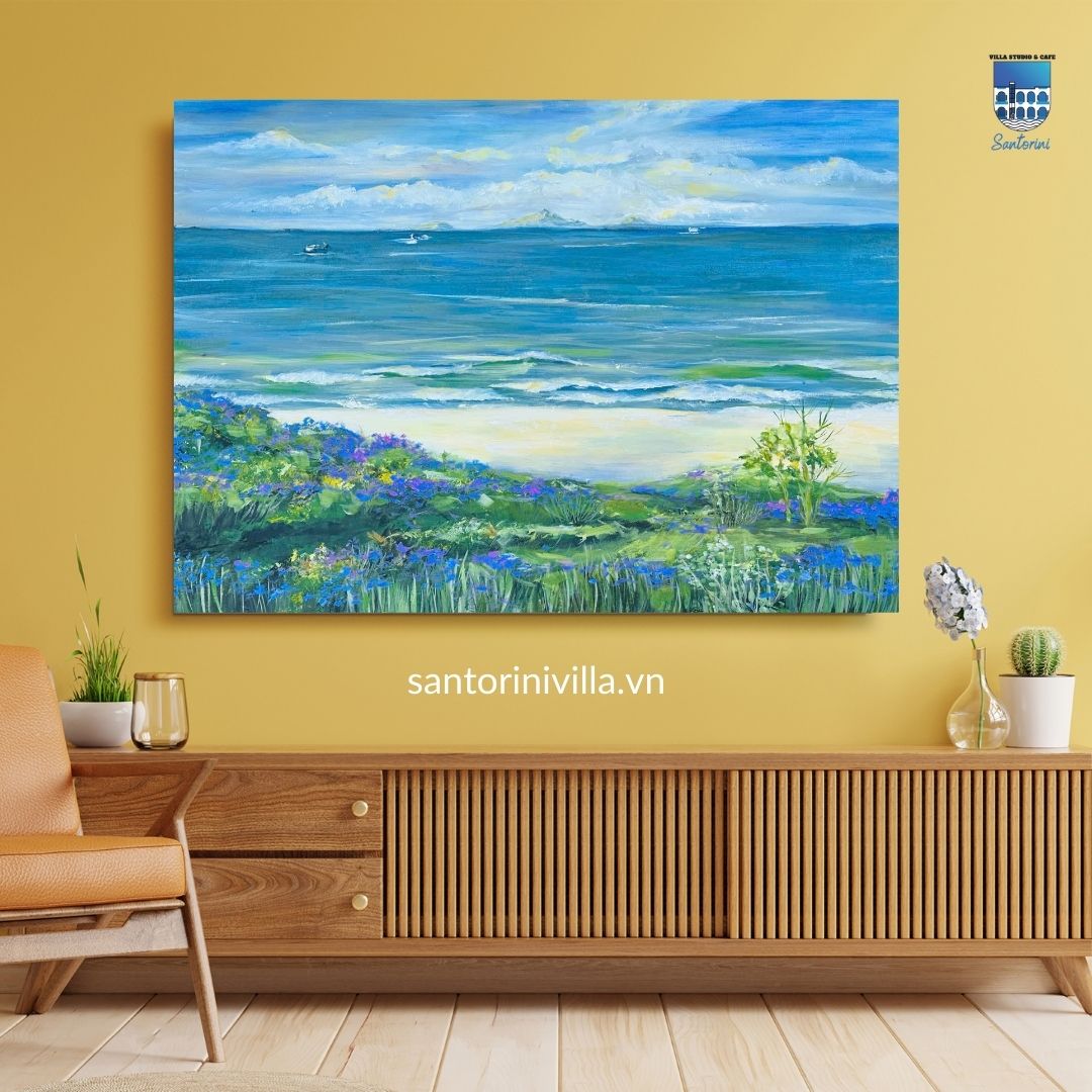 tranh bãi biển vẽ tay kích thước 100x70